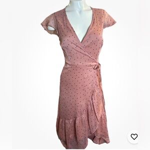 Abercrombie & Fitch Wrap Dress XS Pink Polka Dot Ruffle Hem Tie Waist Mini